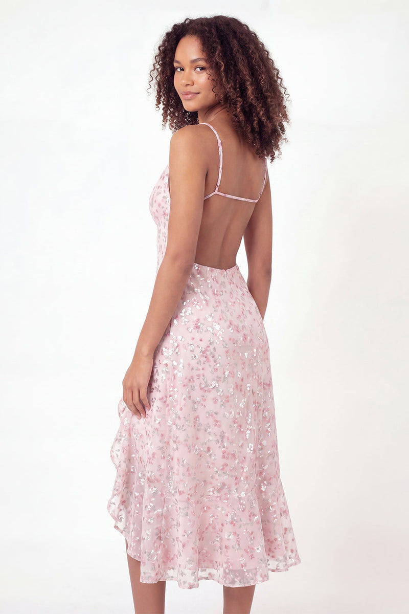 Load image into Gallery viewer, Sparkly V-Neck Pink Ruffled Midi Sequin A Line Floral Graduation Dress with Slit