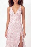 Load image into Gallery viewer, Sparkly V-Neck Pink Ruffled Midi Sequin A Line Floral Graduation Dress with Slit