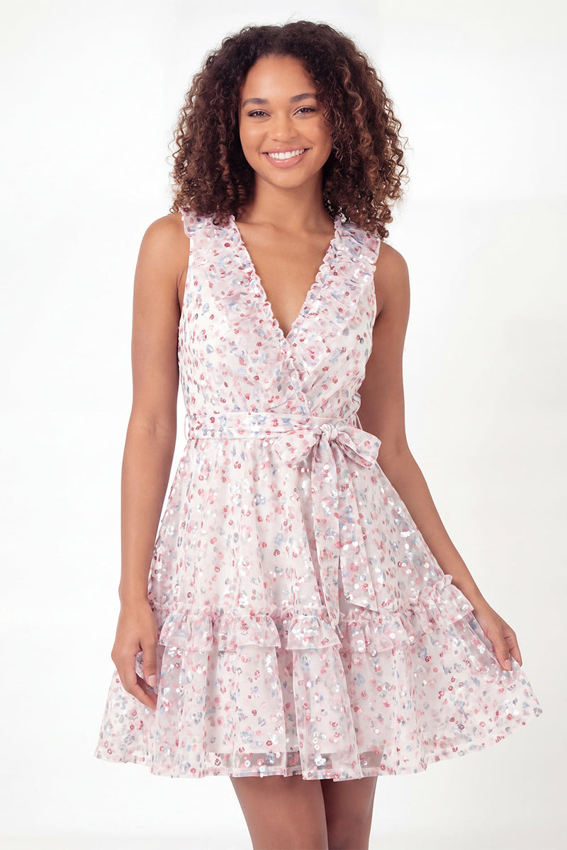 Load image into Gallery viewer, Sparkly White Pink Flower V-Neck Ruffled A Line Short Graduation Dress with Belt
