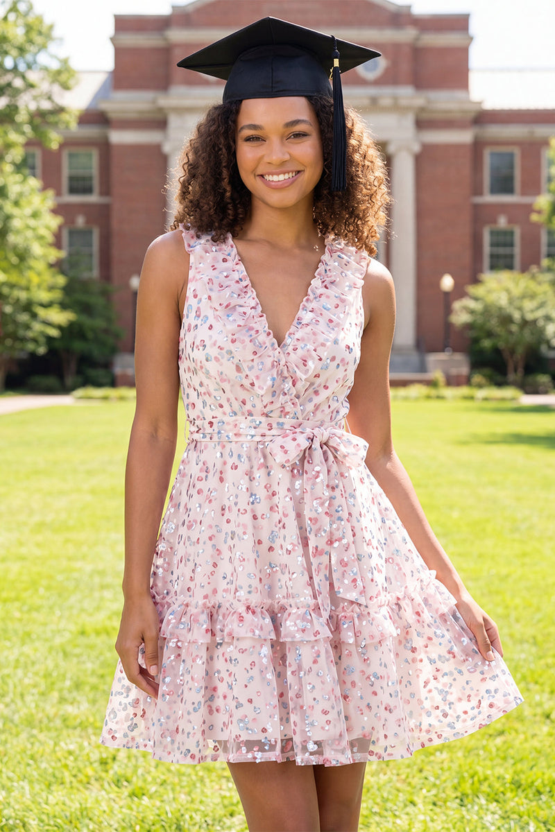Load image into Gallery viewer, Sparkly White Pink Flower V-Neck Ruffled A Line Short Graduation Dress with Belt