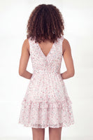 Load image into Gallery viewer, Sparkly White Pink Flower V-Neck Ruffled A Line Short Graduation Dress with Belt