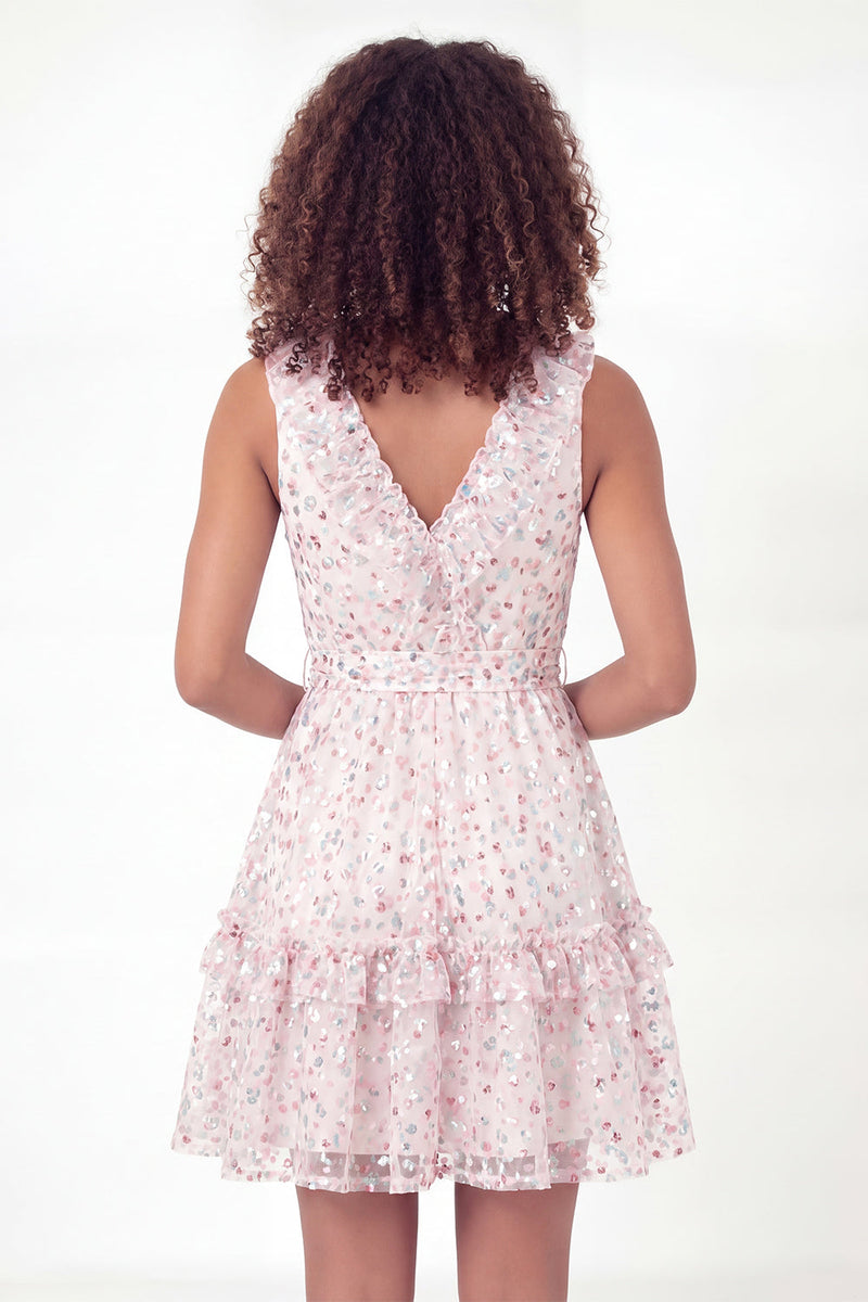Load image into Gallery viewer, Sparkly White Pink Flower V-Neck Ruffled A Line Short Graduation Dress with Belt