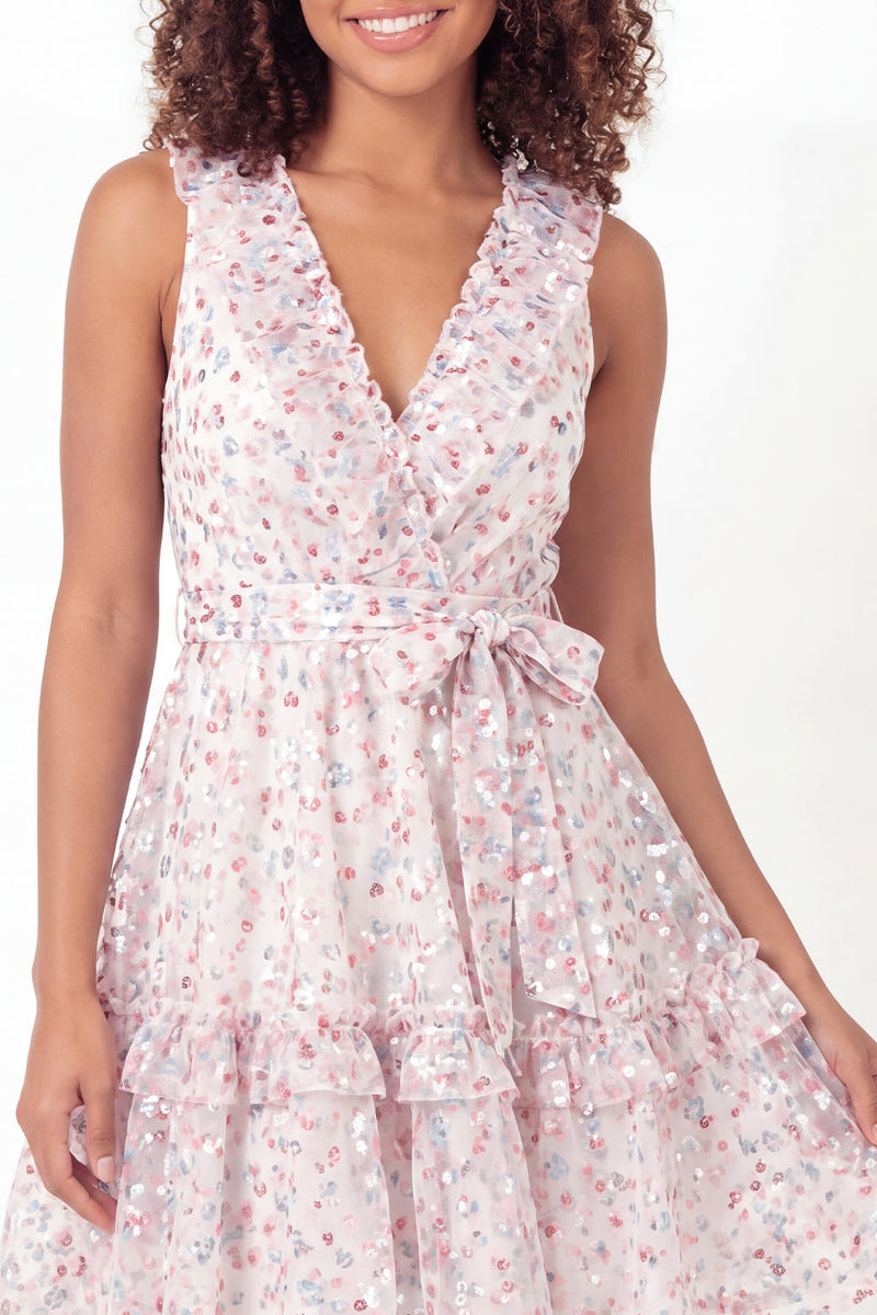 Load image into Gallery viewer, Sparkly White Pink Flower V-Neck Ruffled A Line Short Graduation Dress with Belt