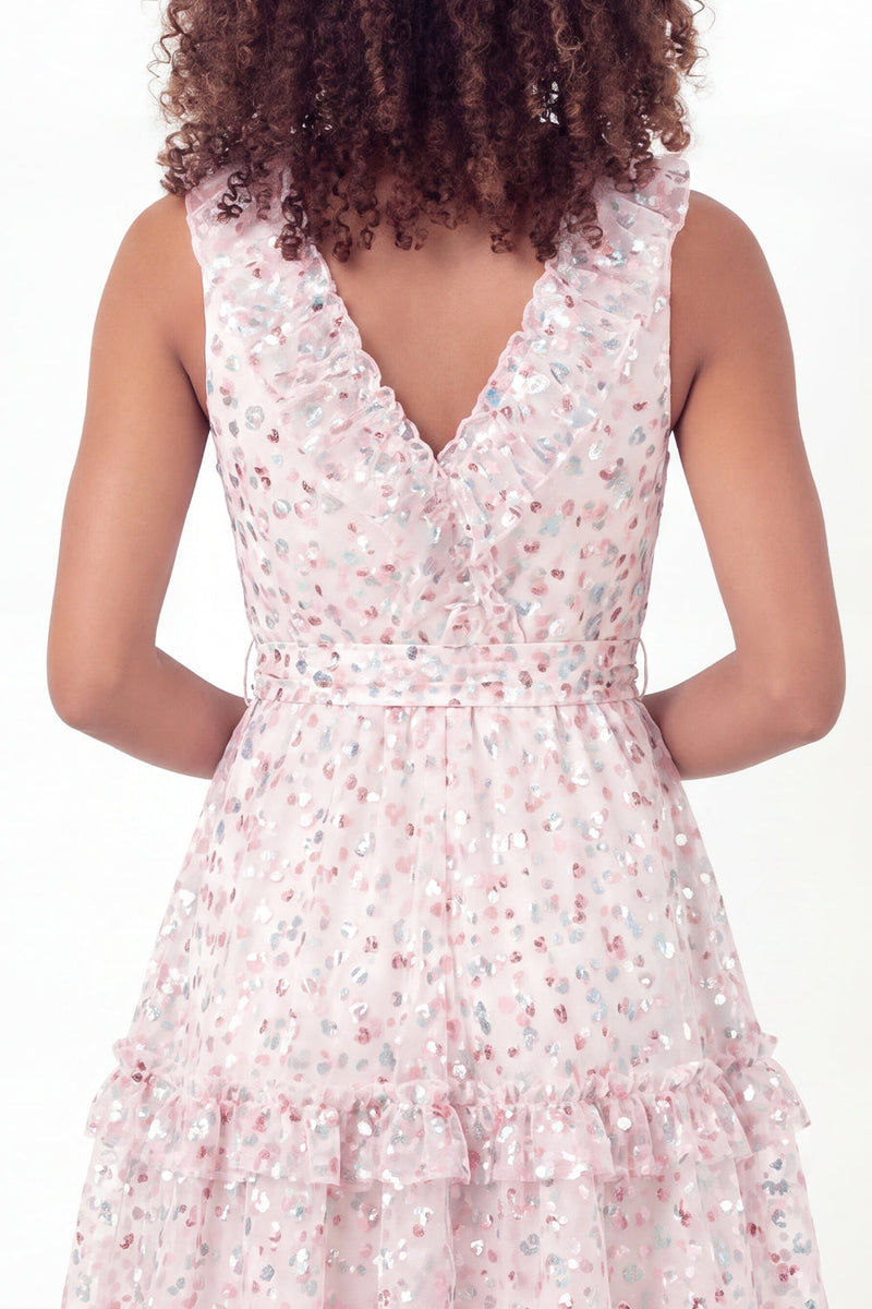 Load image into Gallery viewer, Sparkly White Pink Flower V-Neck Ruffled A Line Short Graduation Dress with Belt