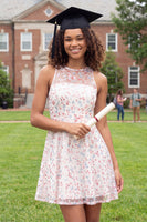 Load image into Gallery viewer, Sparkly Round Neck White Pink Flower Short A Line Graduation Dress