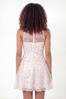 Sparkly Round Neck White Pink Flower Short A Line Graduation Dress