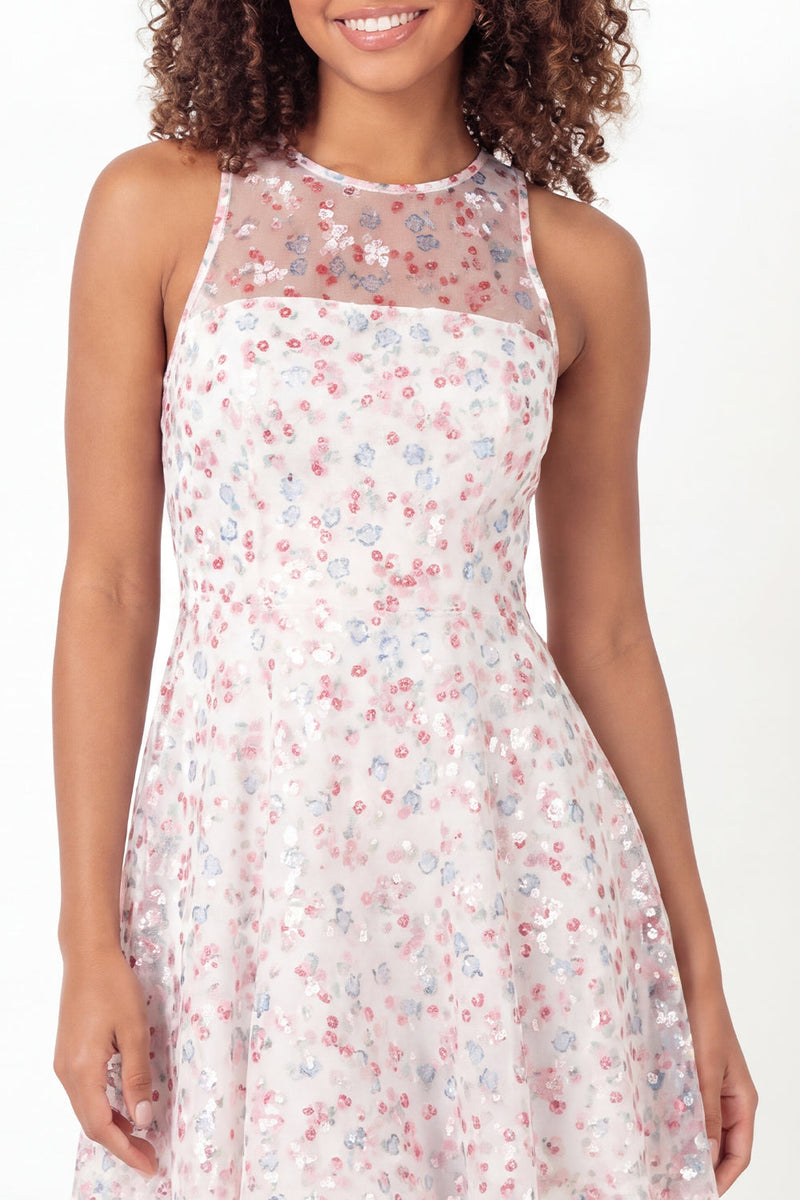 Load image into Gallery viewer, Sparkly Round Neck White Pink Flower Short A Line Graduation Dress