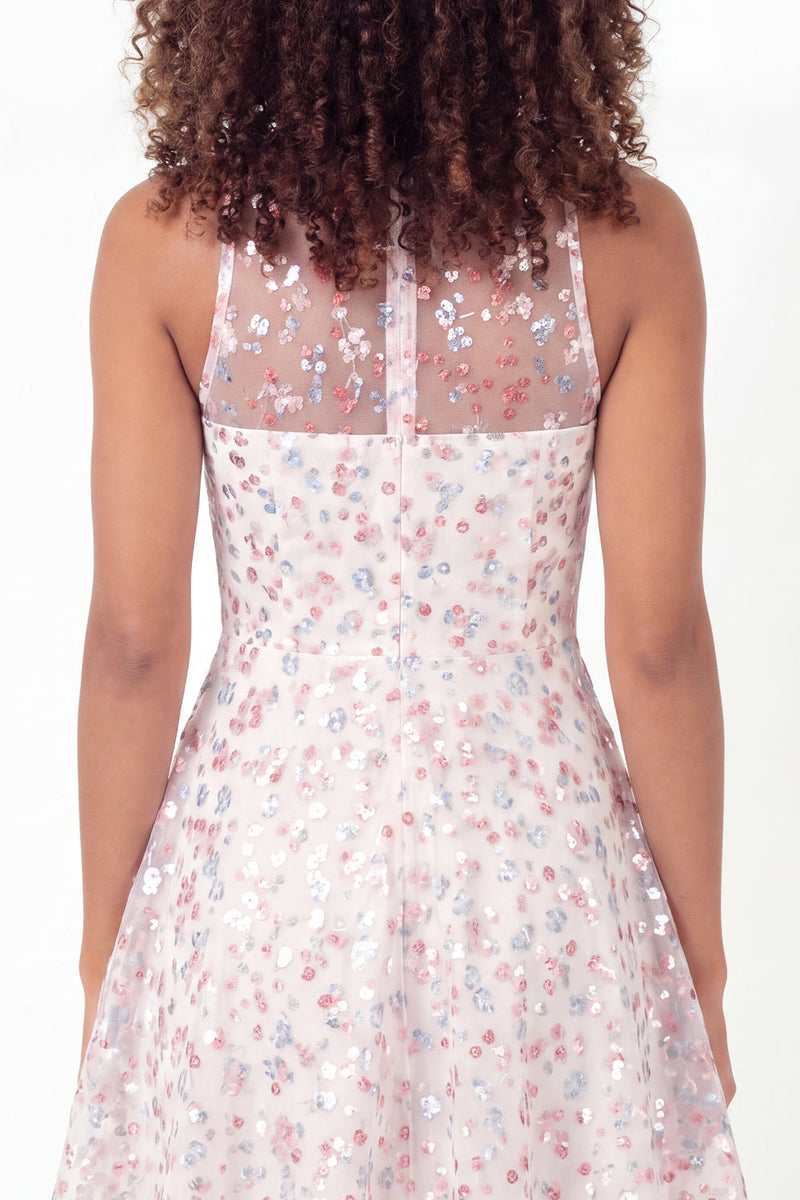 Load image into Gallery viewer, Sparkly Round Neck White Pink Flower Short A Line Graduation Dress