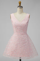 Load image into Gallery viewer, A Line Sparkly Pink Floral Short V-Neck Graduation Dress with Sequin