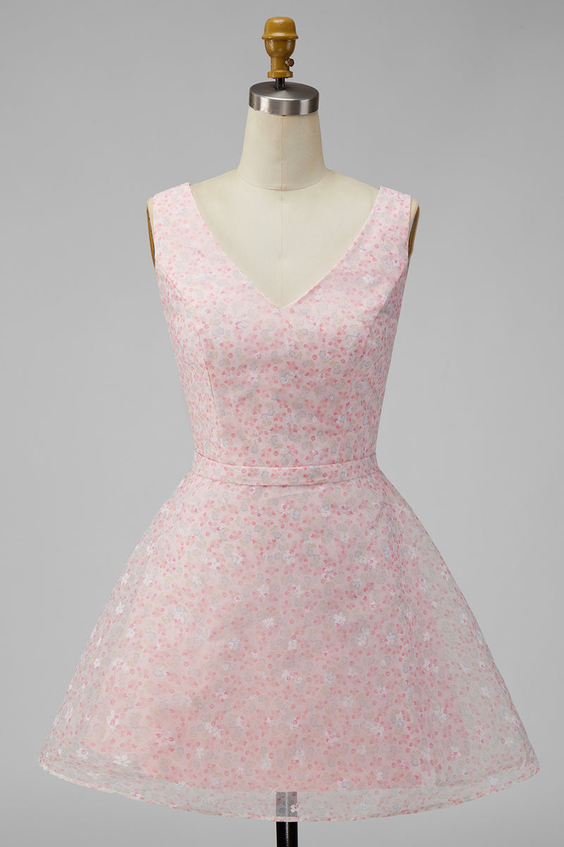 Load image into Gallery viewer, A Line Sparkly Pink Floral Short V-Neck Graduation Dress with Sequin