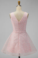 Load image into Gallery viewer, A Line Sparkly Pink Floral Short V-Neck Graduation Dress with Sequin