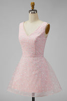 Load image into Gallery viewer, A Line Sparkly Pink Floral Short V-Neck Graduation Dress with Sequin