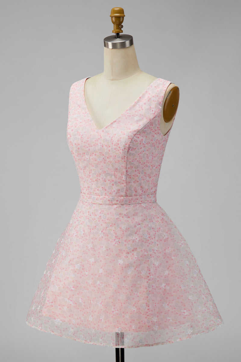 Load image into Gallery viewer, A Line Sparkly Pink Floral Short V-Neck Graduation Dress with Sequin