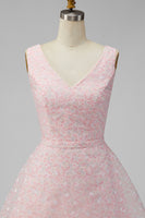 Load image into Gallery viewer, A Line Sparkly Pink Floral Short V-Neck Graduation Dress with Sequin