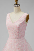 Load image into Gallery viewer, A Line Sparkly Pink Floral Short V-Neck Graduation Dress with Sequin