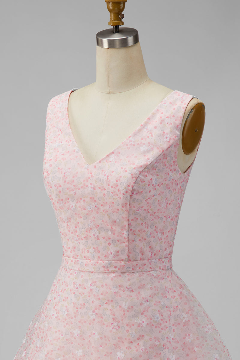 Load image into Gallery viewer, A Line Sparkly Pink Floral Short V-Neck Graduation Dress with Sequin