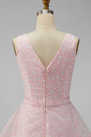 Load image into Gallery viewer, A Line Sparkly Pink Floral Short V-Neck Graduation Dress with Sequin