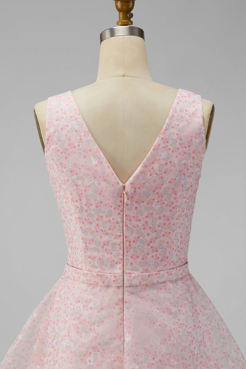Load image into Gallery viewer, A Line Sparkly Pink Floral Short V-Neck Graduation Dress with Sequin