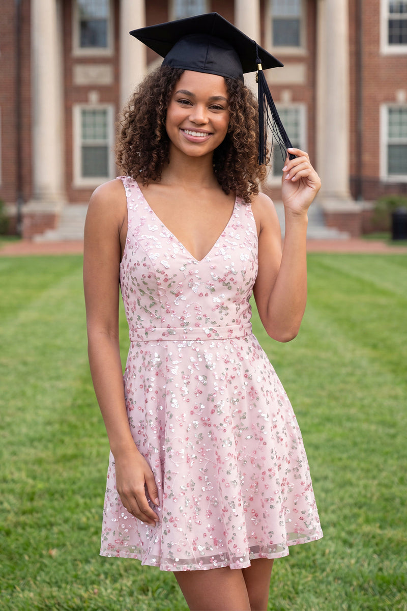 Load image into Gallery viewer, A Line Sparkly Pink Floral Short V-Neck Graduation Dress with Sequin
