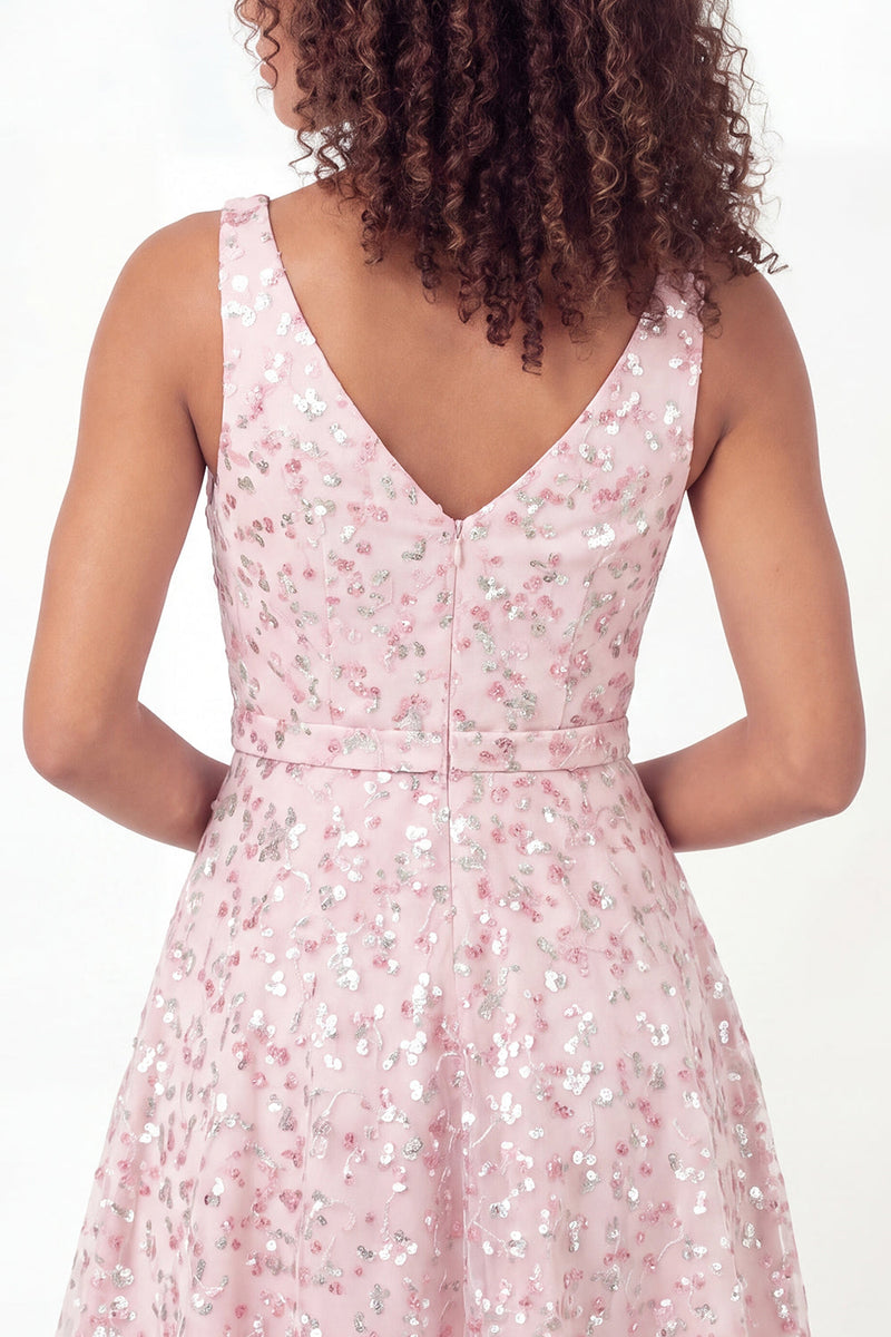 Load image into Gallery viewer, A Line Sparkly Pink Floral Short V-Neck Graduation Dress with Sequin