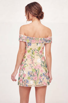 Off the Shoulder A Line Floral Butter Yellow Short Graduation Dress