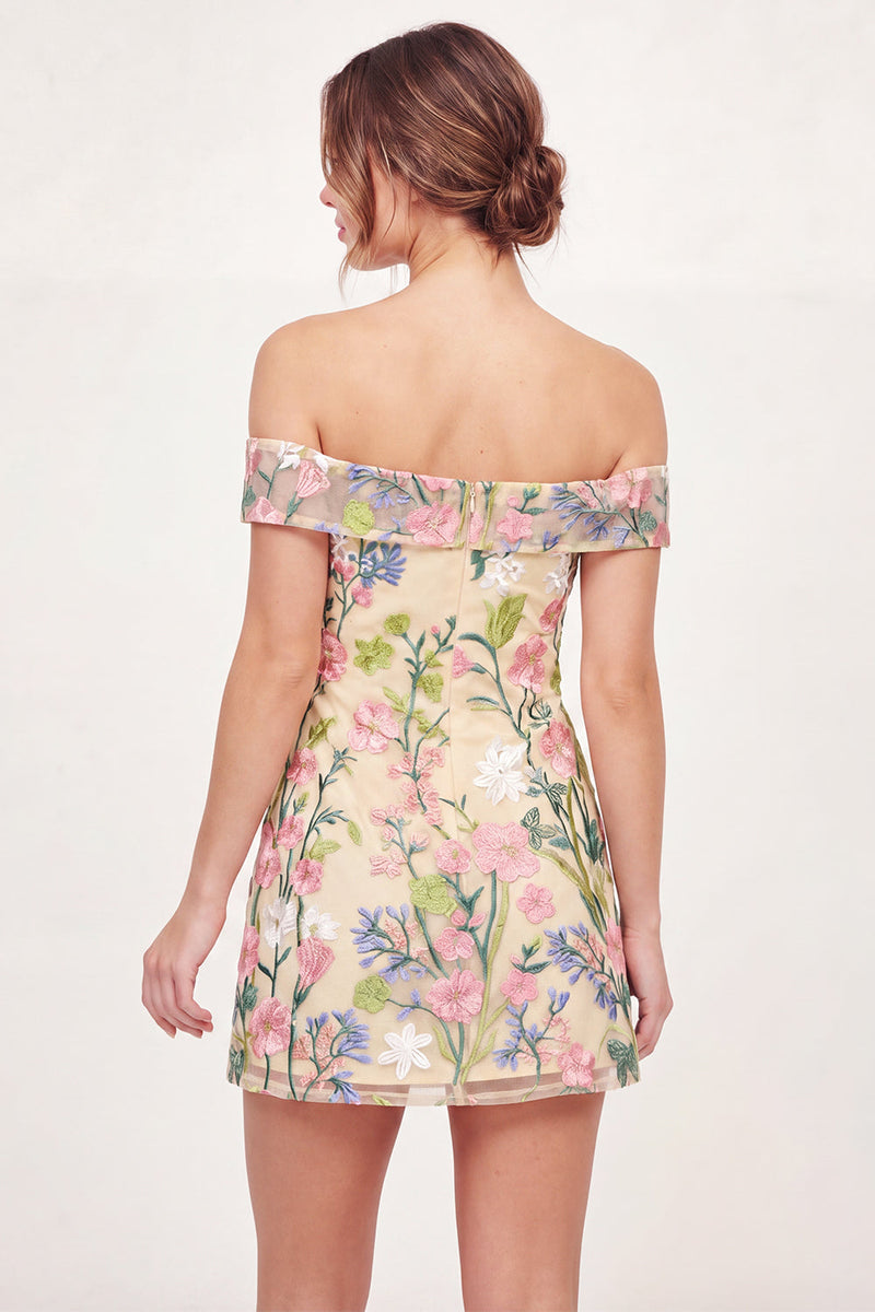 Load image into Gallery viewer, Off the Shoulder A Line Floral Butter Yellow Short Graduation Dress