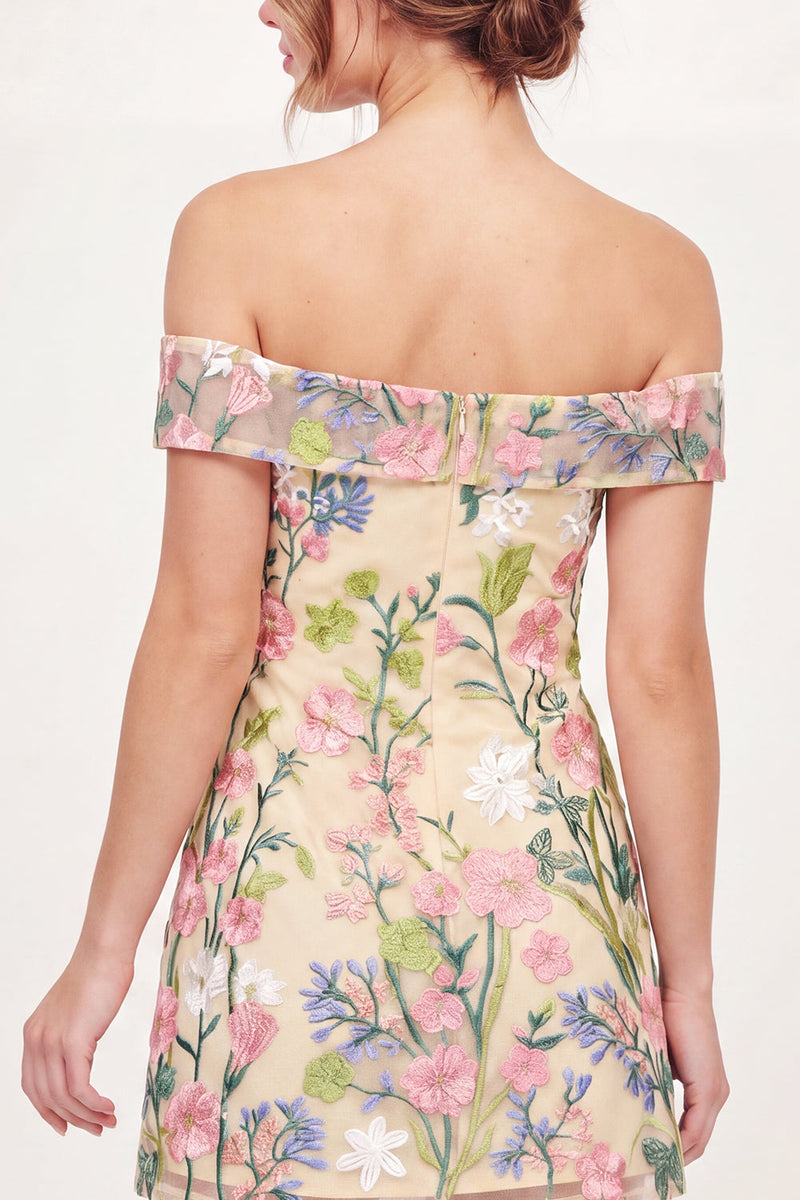 Load image into Gallery viewer, Off the Shoulder A Line Floral Butter Yellow Short Graduation Dress