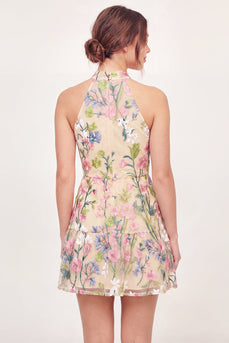 High Neck A Line Floral Butter Yellow Short Graduation Dress