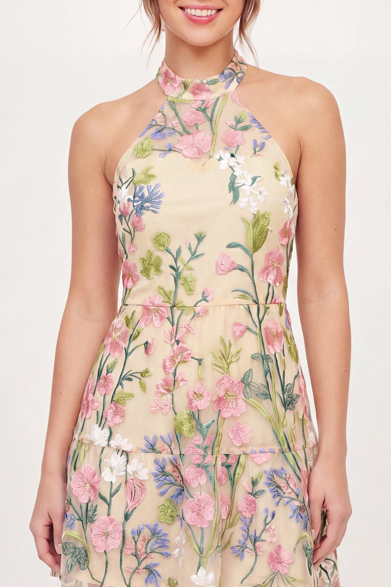 Load image into Gallery viewer, High Neck A Line Floral Butter Yellow Short Graduation Dress