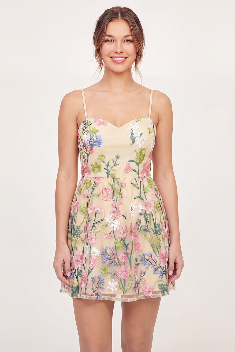 Load image into Gallery viewer, Spaghetti Straps Floral A Line Butter Yellow Short Graduation Dress