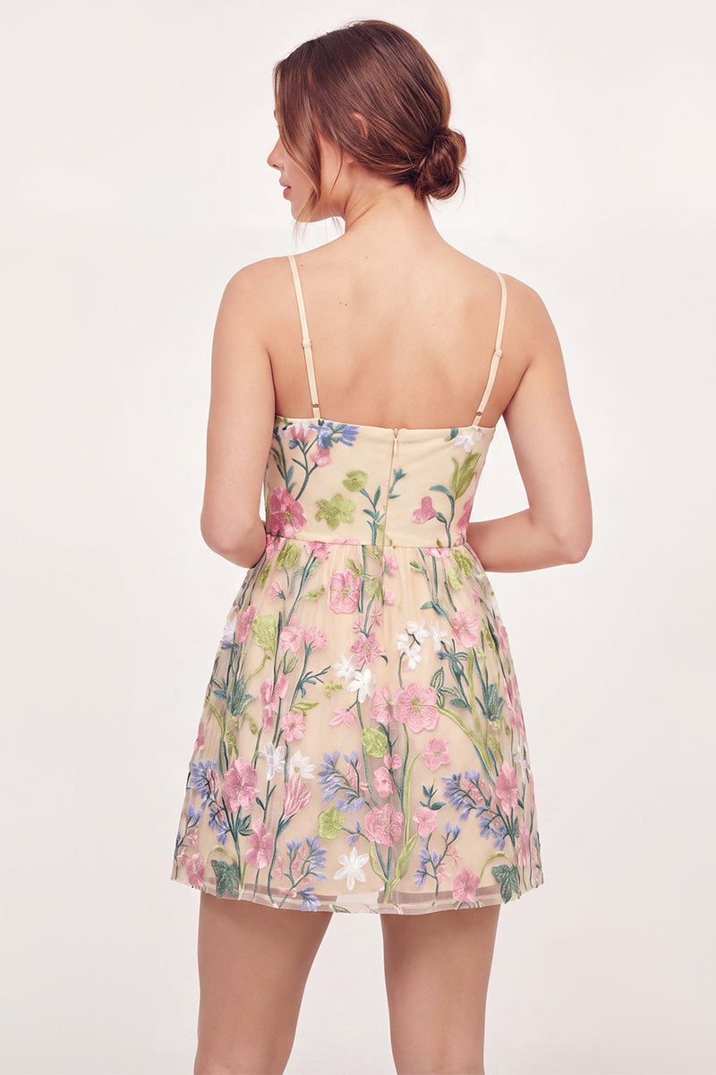 Load image into Gallery viewer, Spaghetti Straps Floral A Line Butter Yellow Short Graduation Dress