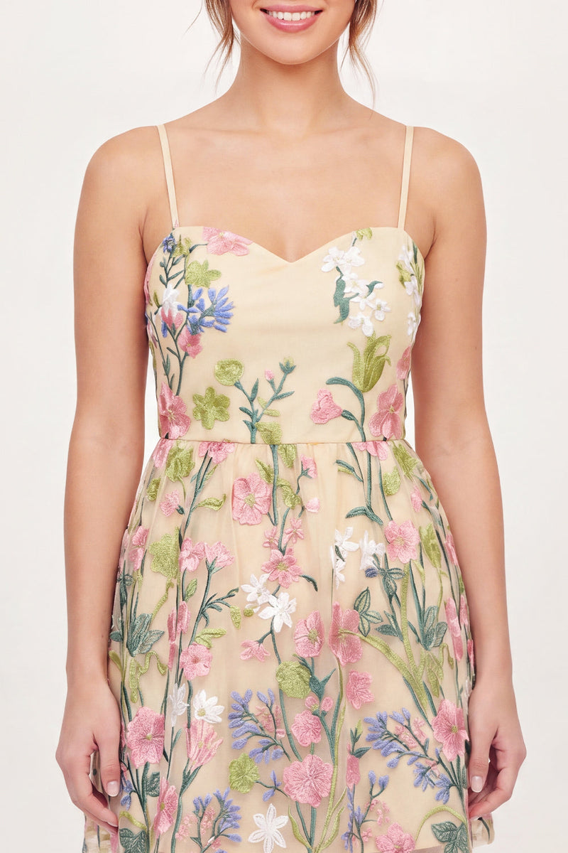 Load image into Gallery viewer, Spaghetti Straps Floral A Line Butter Yellow Short Graduation Dress