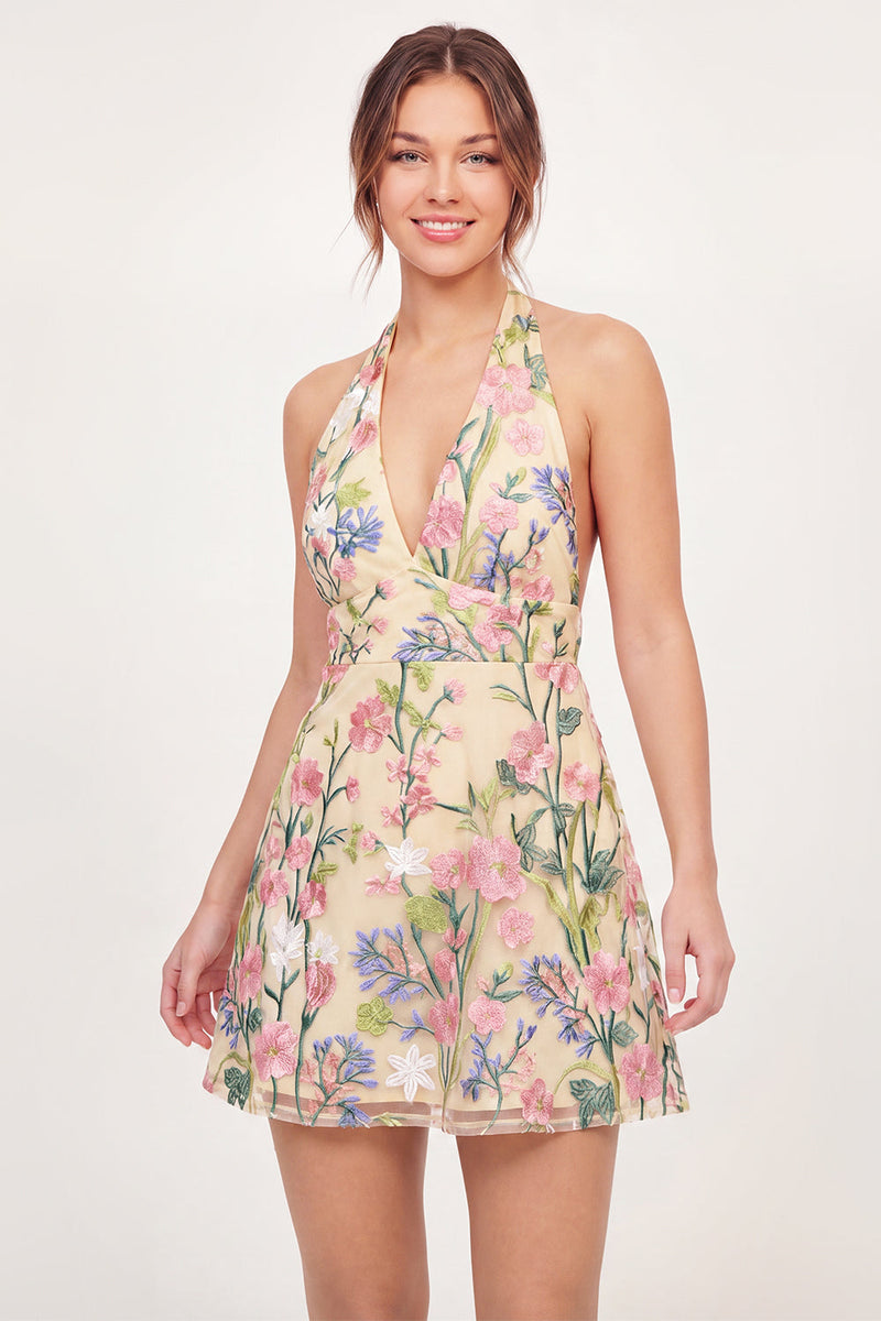 Load image into Gallery viewer, Halter Open Back A Line Floral Butter Yellow Short Graduation Dress