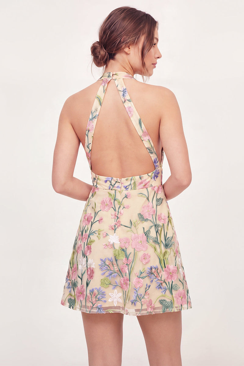Load image into Gallery viewer, Halter Open Back A Line Floral Butter Yellow Short Graduation Dress