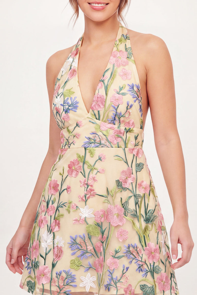 Load image into Gallery viewer, Halter Open Back A Line Floral Butter Yellow Short Graduation Dress