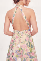 Load image into Gallery viewer, Halter Open Back A Line Floral Butter Yellow Short Graduation Dress