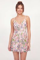 Load image into Gallery viewer, Pink Spaghetti Straps Floral A Line Short Graduation Dress