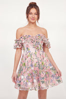 Load image into Gallery viewer, Pink Off the Shoulder A Line Floral Short Graduation Dress with Ruffles
