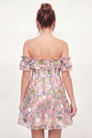 Load image into Gallery viewer, Pink Off the Shoulder A Line Floral Short Graduation Dress with Ruffles