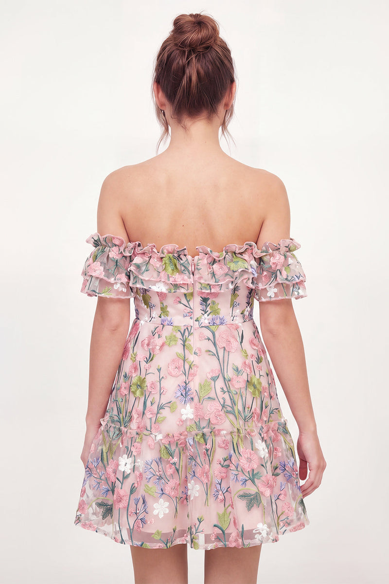 Load image into Gallery viewer, Pink Off the Shoulder A Line Floral Short Graduation Dress with Ruffles