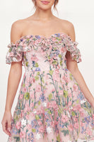 Load image into Gallery viewer, Pink Off the Shoulder A Line Floral Short Graduation Dress with Ruffles