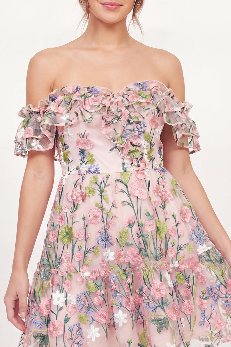 Load image into Gallery viewer, Pink Off the Shoulder A Line Floral Short Graduation Dress with Ruffles