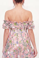 Load image into Gallery viewer, Pink Off the Shoulder A Line Floral Short Graduation Dress with Ruffles