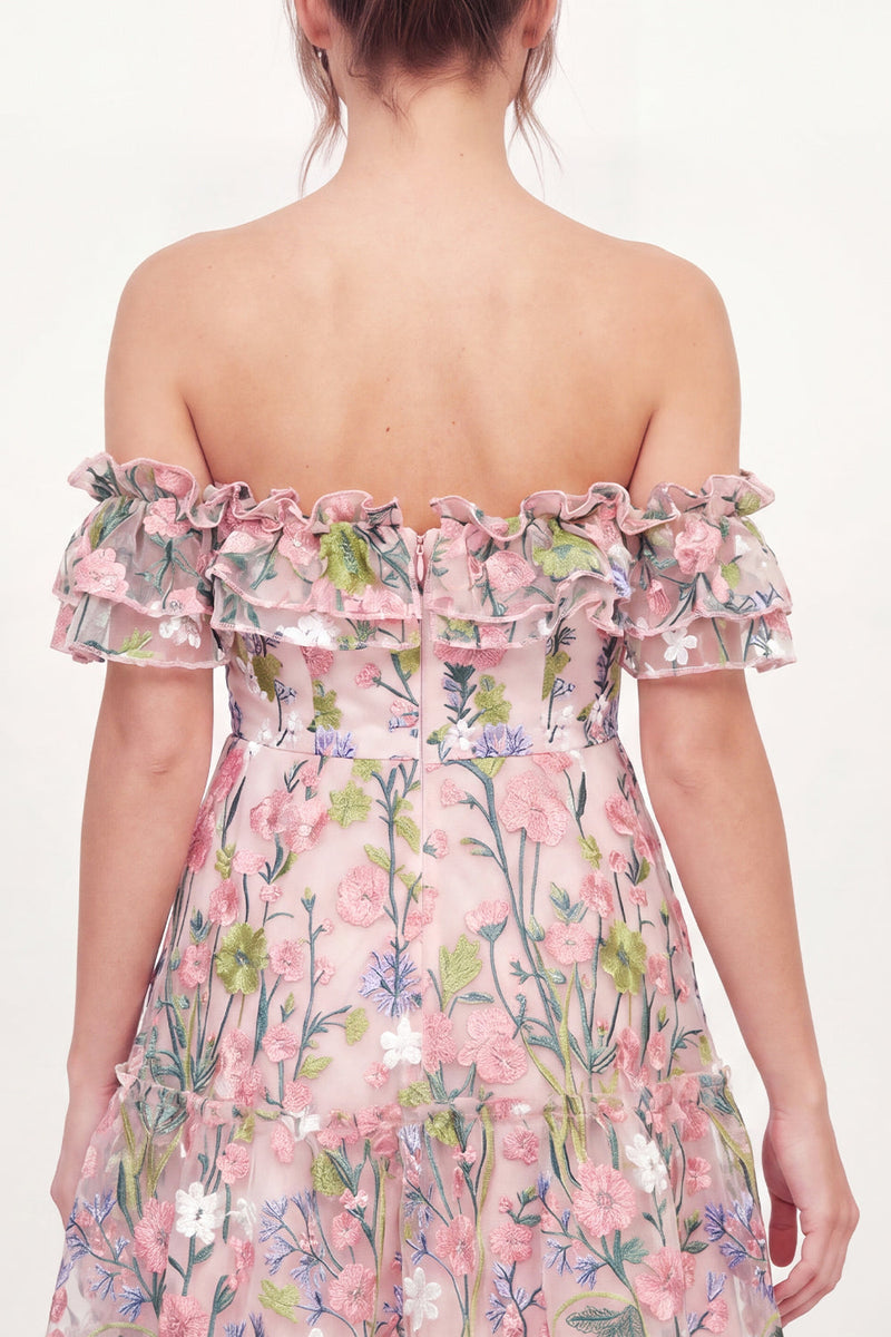 Load image into Gallery viewer, Pink Off the Shoulder A Line Floral Short Graduation Dress with Ruffles