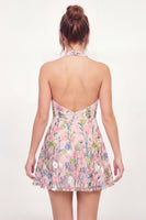 Load image into Gallery viewer, Halter Short Pink Floral A Line Graduation Dress