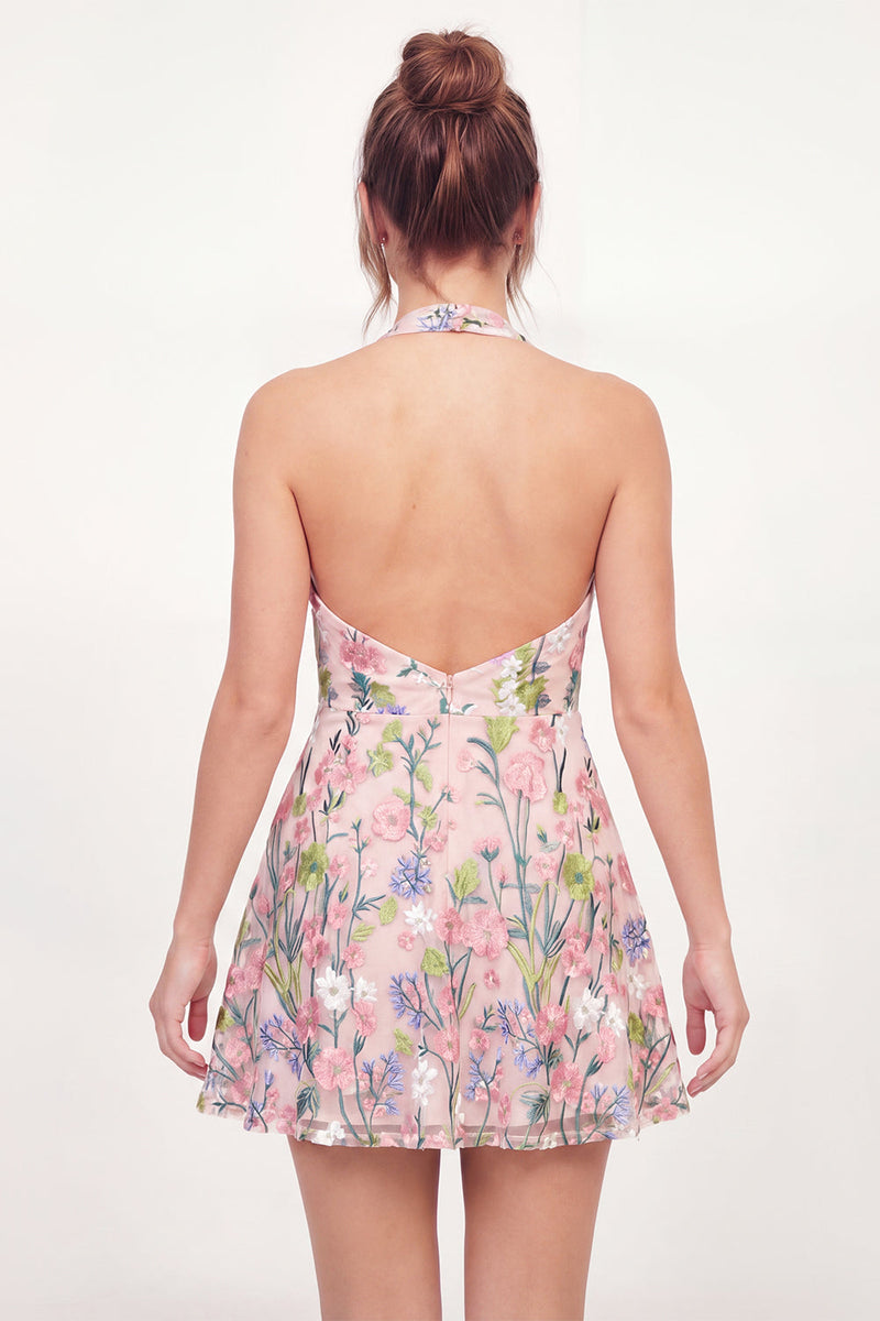 Load image into Gallery viewer, Halter Short Pink Floral A Line Graduation Dress