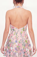 Load image into Gallery viewer, Halter Short Pink Floral A Line Graduation Dress
