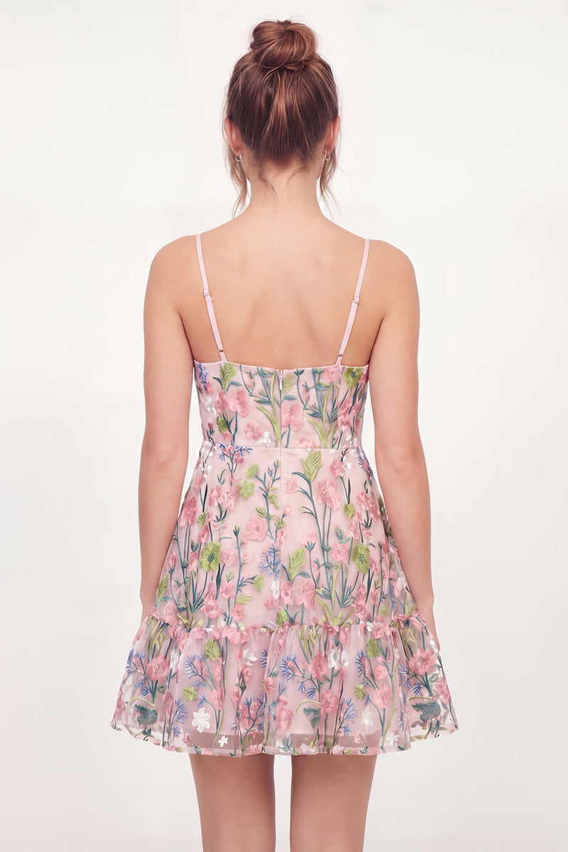 Load image into Gallery viewer, Floral A Line Short Pink V-Neck Graduation Dress