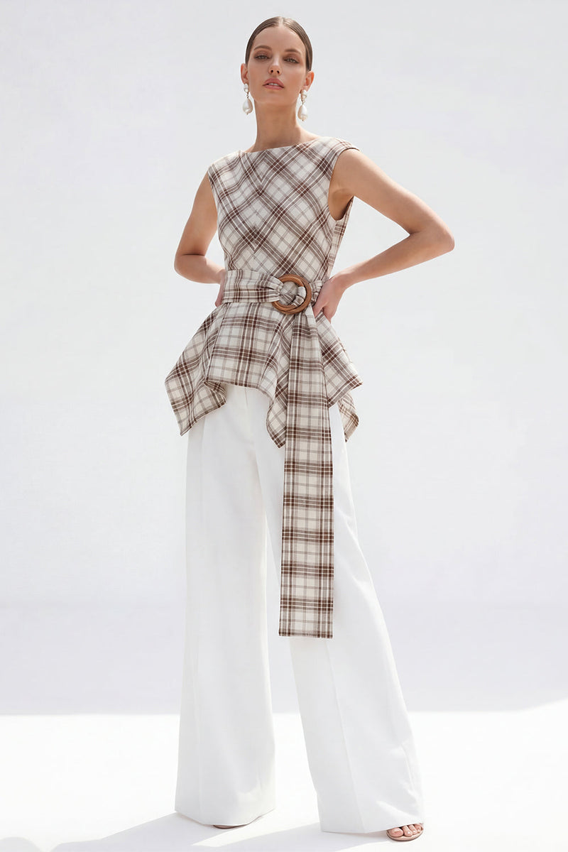 Load image into Gallery viewer, 2 Piece Bateau Neck Brown Grid Wide Leg Women Business Suits with Belt