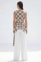 Load image into Gallery viewer, 2 Piece Bateau Neck Brown Grid Wide Leg Women Business Suits with Belt